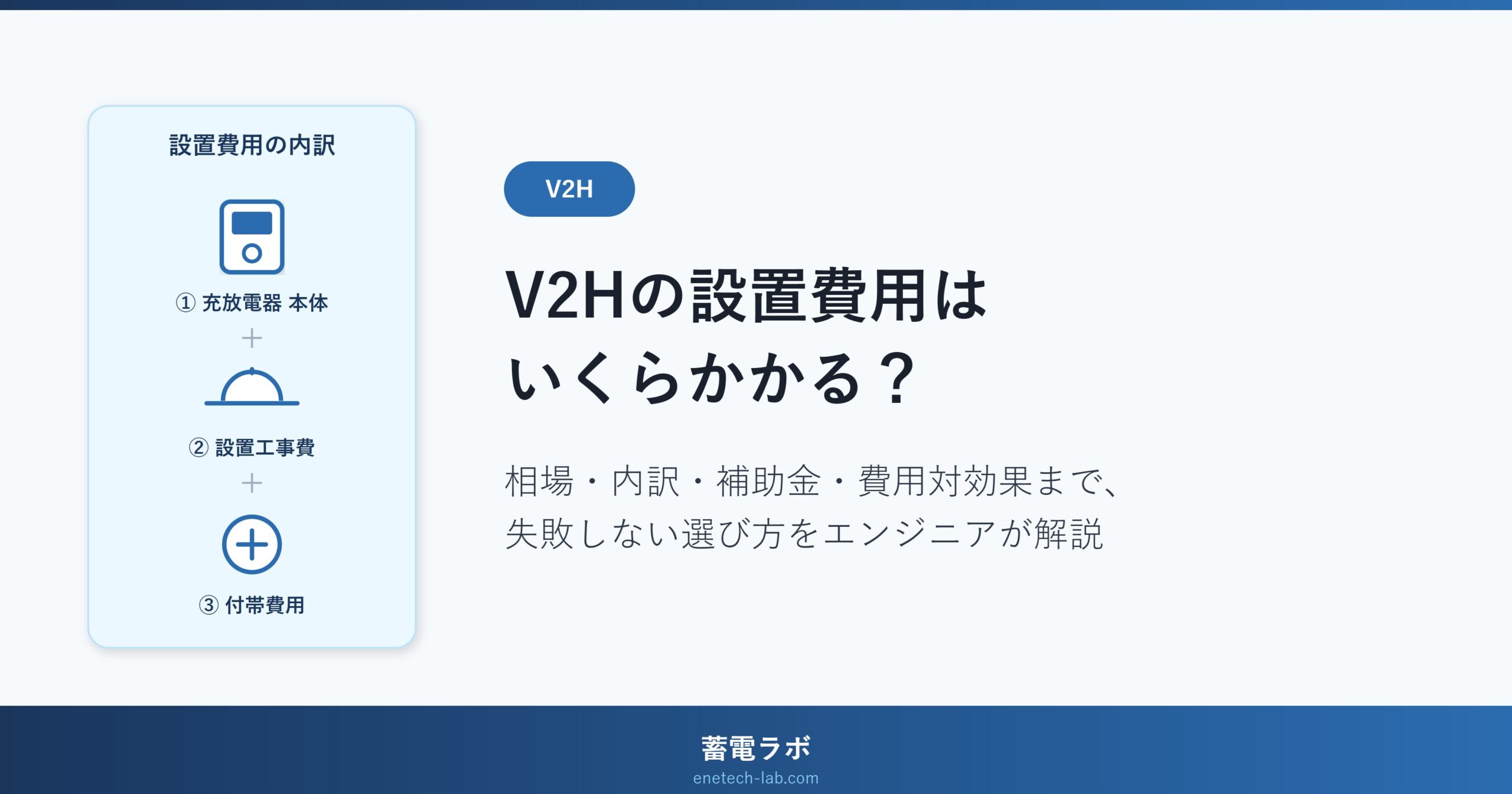 V2Hの設置費用はいくらかかるか。相場・費用の内訳・補助金・費用対効果を電池開発エンジニアが解説する記事のアイキャッチ