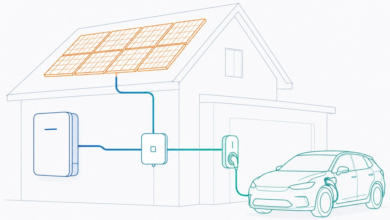 家庭のエネルギー設備（太陽光・蓄電池・V2H／EV）の図