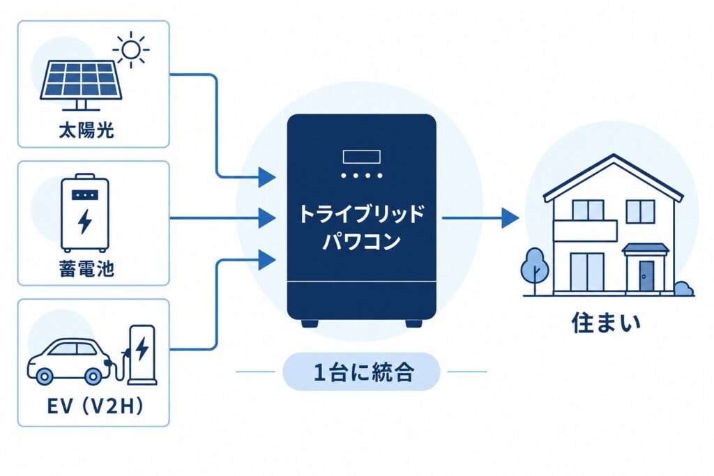 太陽光発電・蓄電池・EV（V2H）を1台のトライブリッド・パワコンに統合し、家全体をバックアップする仕組みの図