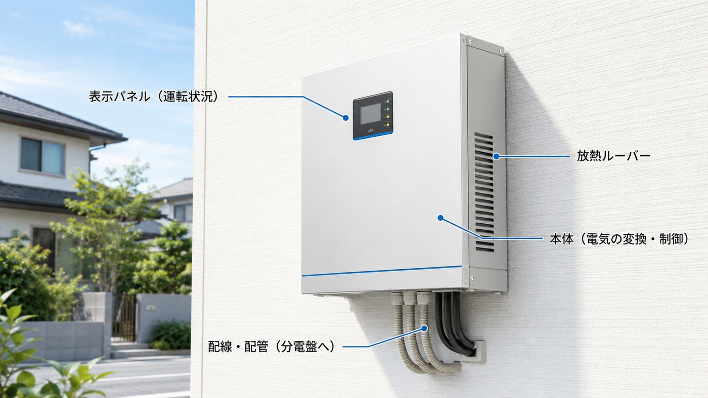 家庭用パワーコンディショナー（パワコン）の外観と各部（表示パネル・放熱ルーバー・本体・配線配管）