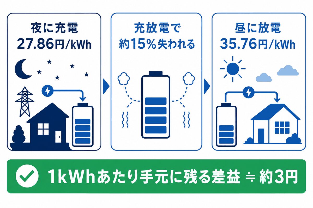 蓄電池ピークシフトの実質差益の図解：夜に27.86円/kWhで充電し、充放電で約15%失われ、昼の35.76円/kWhの時間帯に放電すると、1kWhあたり手元に残る差益は約3円