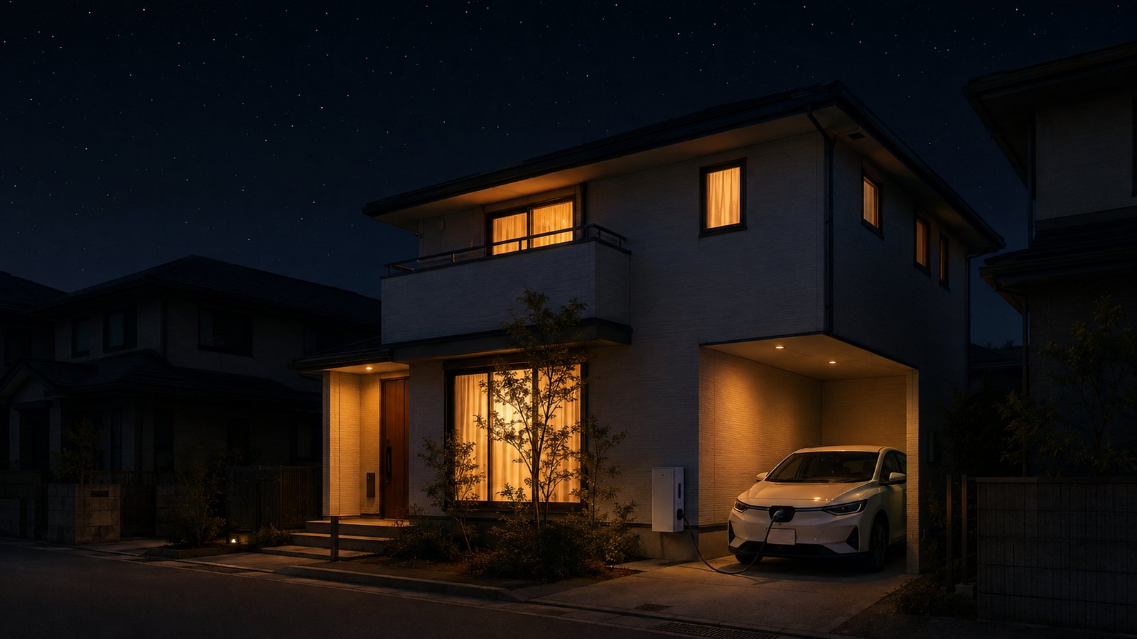 停電の夜、周囲の家が真っ暗な中で1軒だけ窓に灯りがともり、駐車スペースのEVから外壁のV2H充放電器へケーブルがつながっている戸建て住宅
