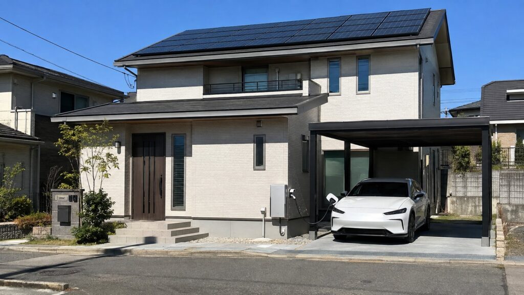 カーポートのEVとV2H充放電器がある、屋根に太陽光パネルを載せた戸建て住宅