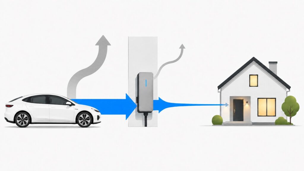 EVから充放電器を通って家に電気が流れる図。家に近づくほど流れが細くなっている