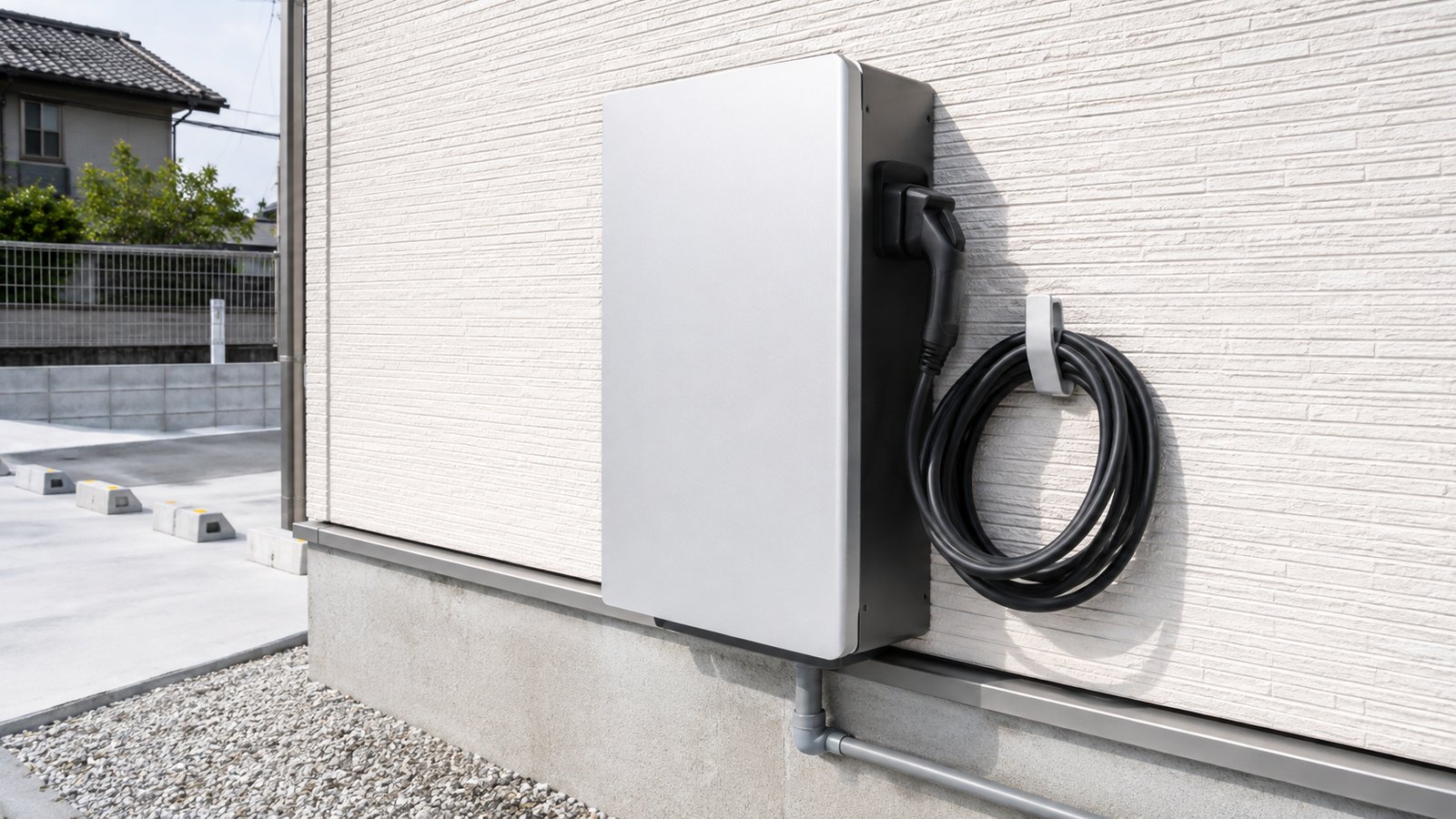 住宅の外壁に設置されたV2H充放電器のクローズアップ。充電ケーブルがホルダーに掛かっている