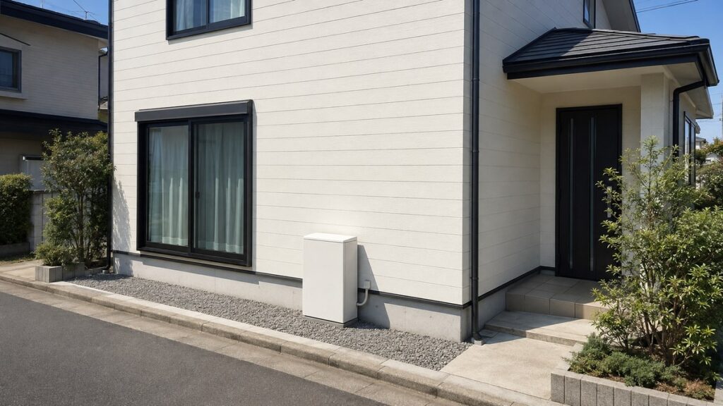 戸建て住宅の外壁沿いに設置された家庭用蓄電池のユニット