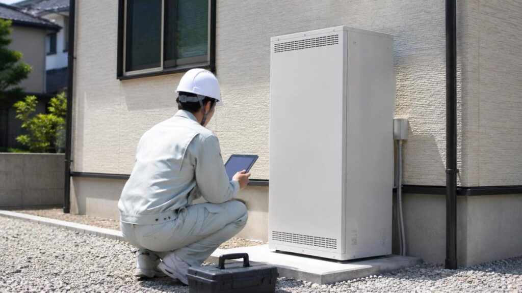 作業員が家庭用蓄電池の前にしゃがみ、タブレットを見ながら点検している様子