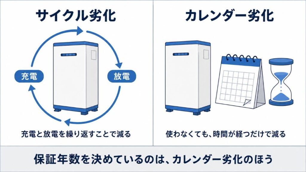 サイクル劣化とカレンダー劣化の違いを並べた図。左は充電と放電を繰り返すことで減る、右は使わなくても時間が経つだけで減ることを示している