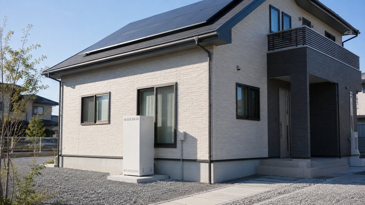 屋根に太陽光パネル、外壁に蓄電池を設置した戸建て住宅