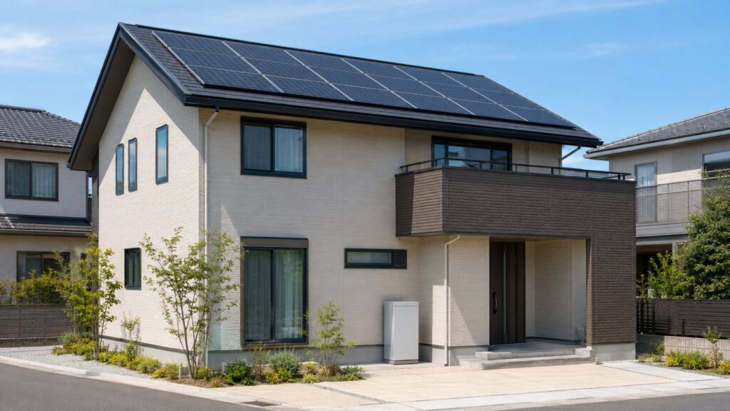 屋根に太陽光パネル、外壁のそばに蓄電池を設置した戸建て住宅