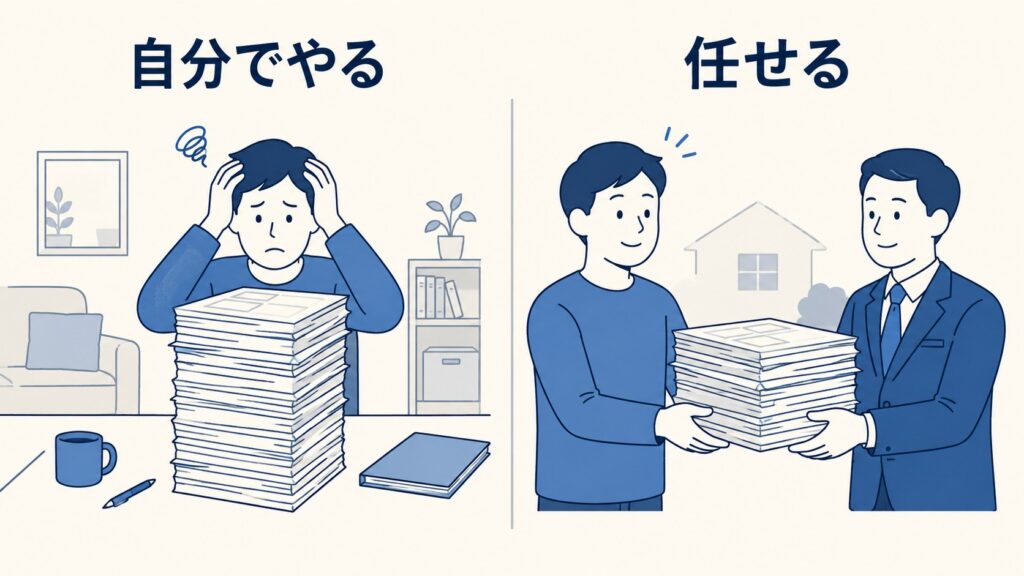 補助金の申請書類を自分で用意する場合と、会社に任せる場合の比較イラスト