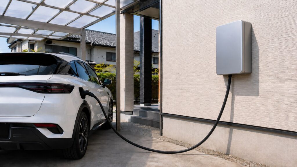 戸建て住宅の外壁に取り付けられたシルバーのV2H充放電器から、太い黒い充電ケーブルが1本伸びて、地面をゆるく回り込みながらカーポートに停めた白い電気自動車の充電口につながっている