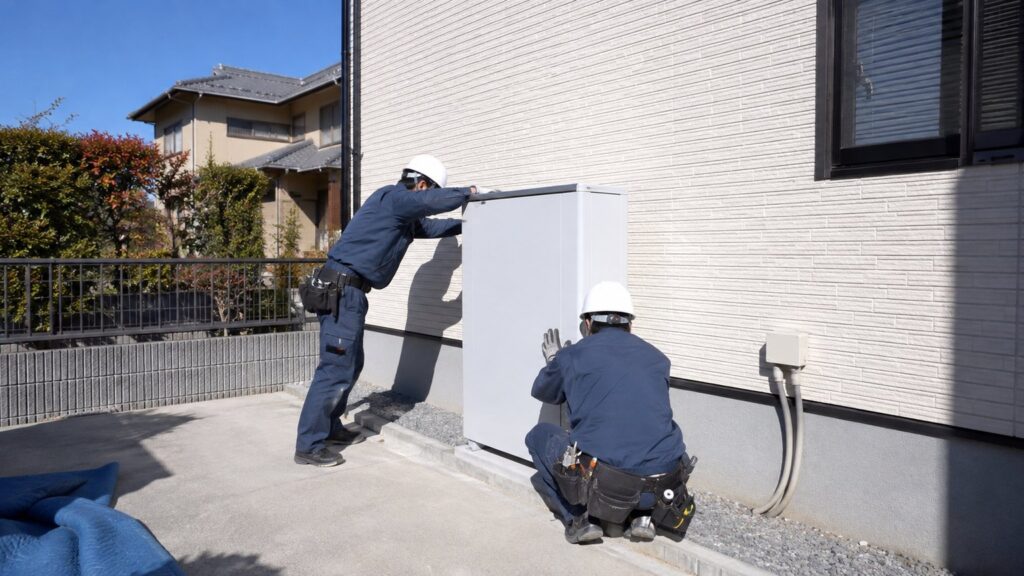 戸建て住宅の外壁のそばで、作業服とヘルメットの作業員2名が白い家庭用蓄電池を設置している様子