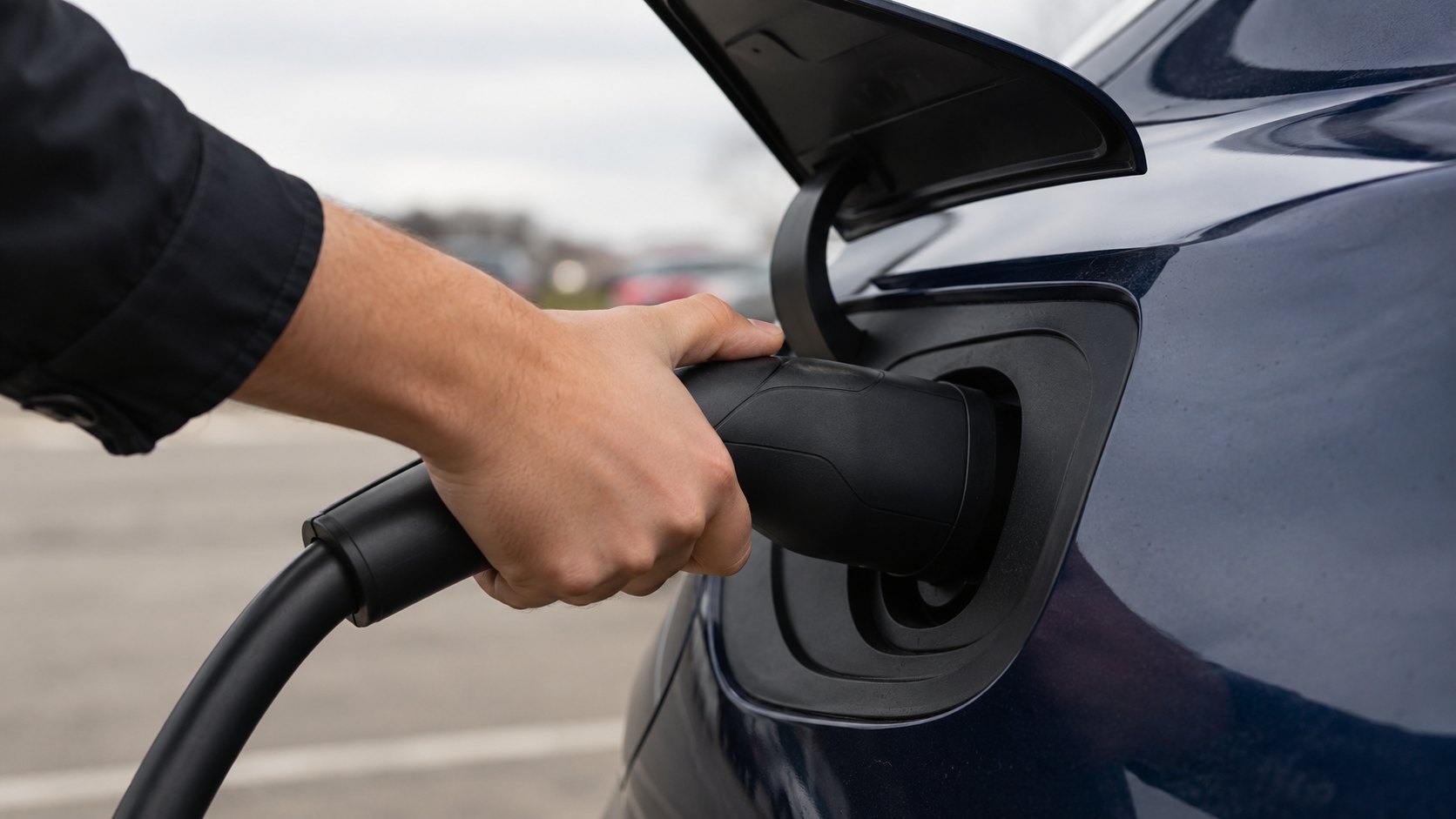 充電器のコネクタを電気自動車の充電口に差し込んでいる手元