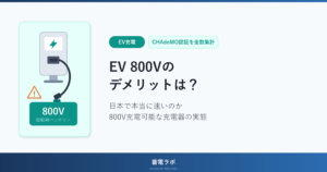 EV 800Vのデメリット。急速充電器から伸びたケーブルが800Vの駆動用バッテリーにつながり、その手前に注意マークが置かれたイラスト(蓄電ラボ)
