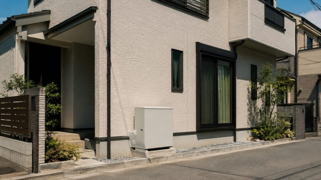 戸建て住宅の外壁沿いに設置された家庭用蓄電池のユニット