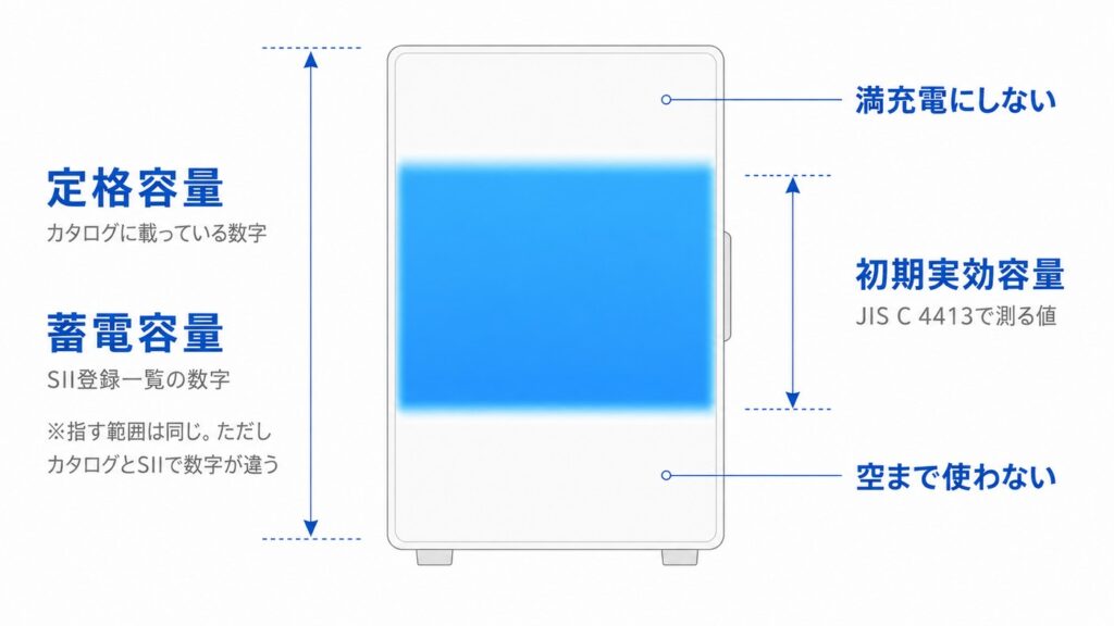 家庭用蓄電池の断面イラスト。全体を指す数字がカタログの「定格容量」とSII登録一覧の「蓄電容量」の2つあり、指す範囲は同じでも値は異なること、中央の青い部分だけが「初期実効容量」であることを示す図