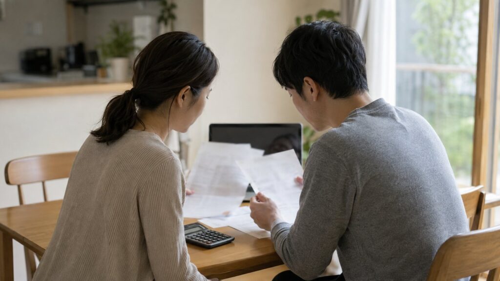 住宅のダイニングテーブルで、夫婦が補助金の申請書類と見積書を見比べている様子