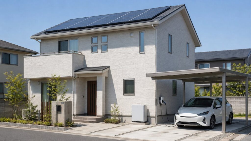 戸建て住宅の外観。屋根に太陽光パネル、外壁沿いに家庭用蓄電池、カーポートにEV充電設備と電気自動車が設置されている