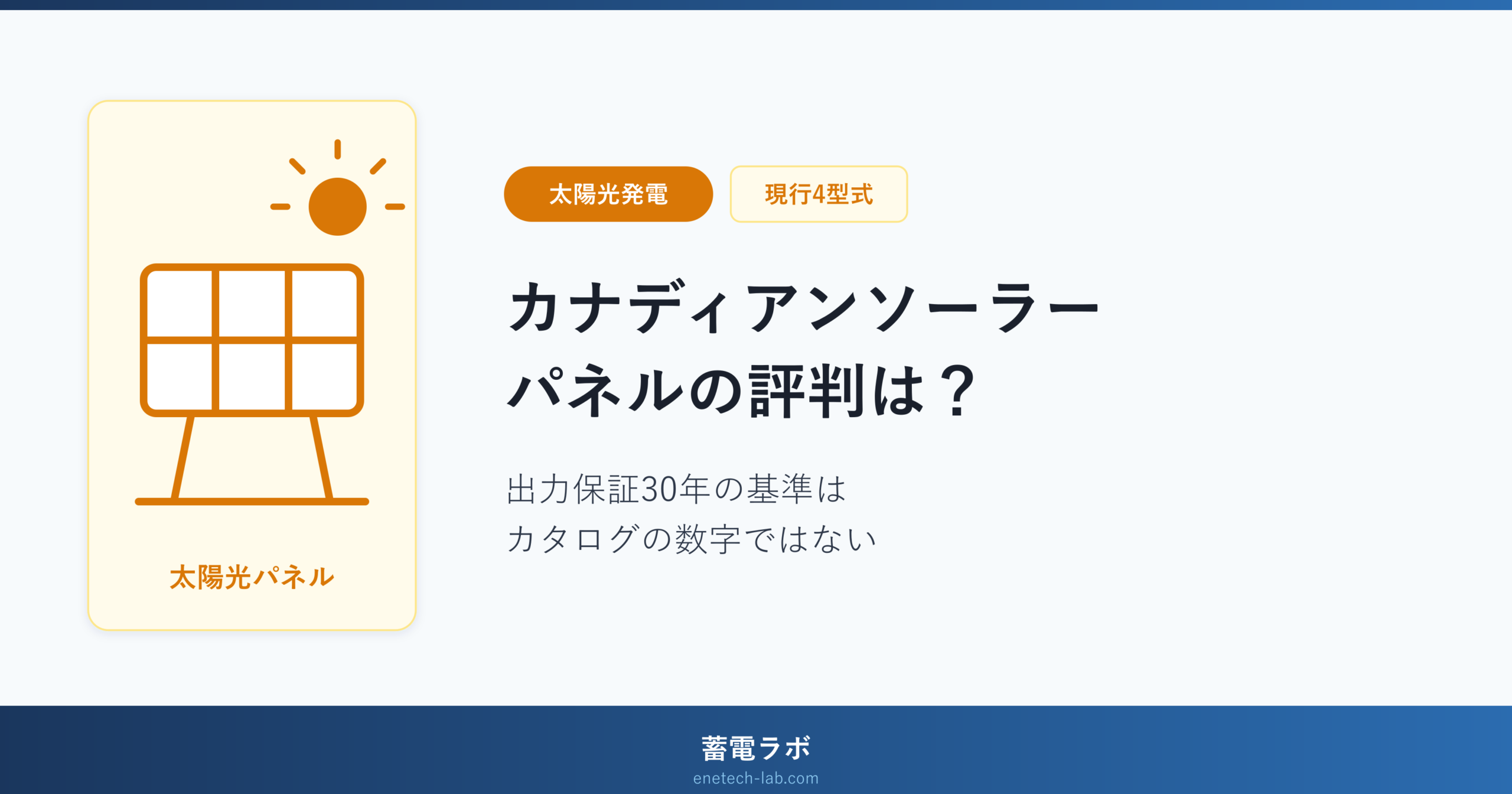 カナディアンソーラーの住宅用太陽光パネルは現行4型式で、出力保証30年の基準はカタログの公称最大出力ではないことを示したアイキャッチ画像