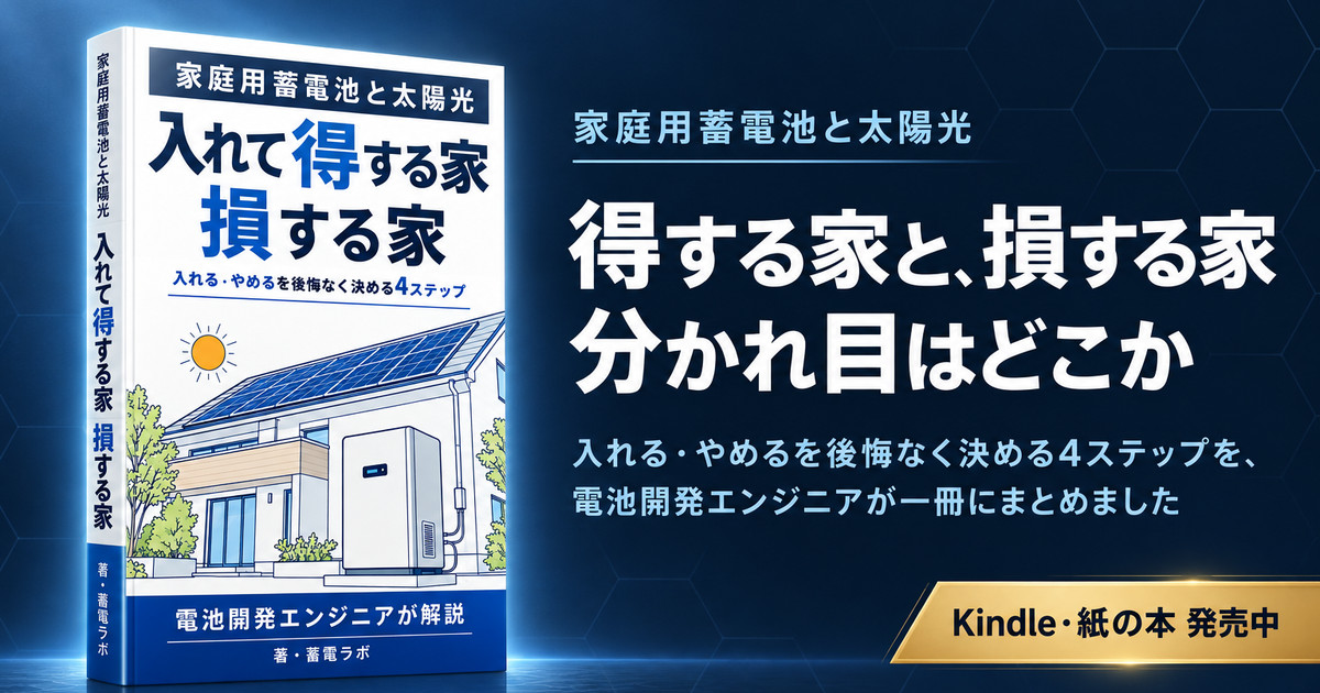 書籍『家庭用蓄電池と太陽光 入れて得する家 損する家』の表紙と、得する家と損する家の分かれ目を4つのステップで判定する本の紹介