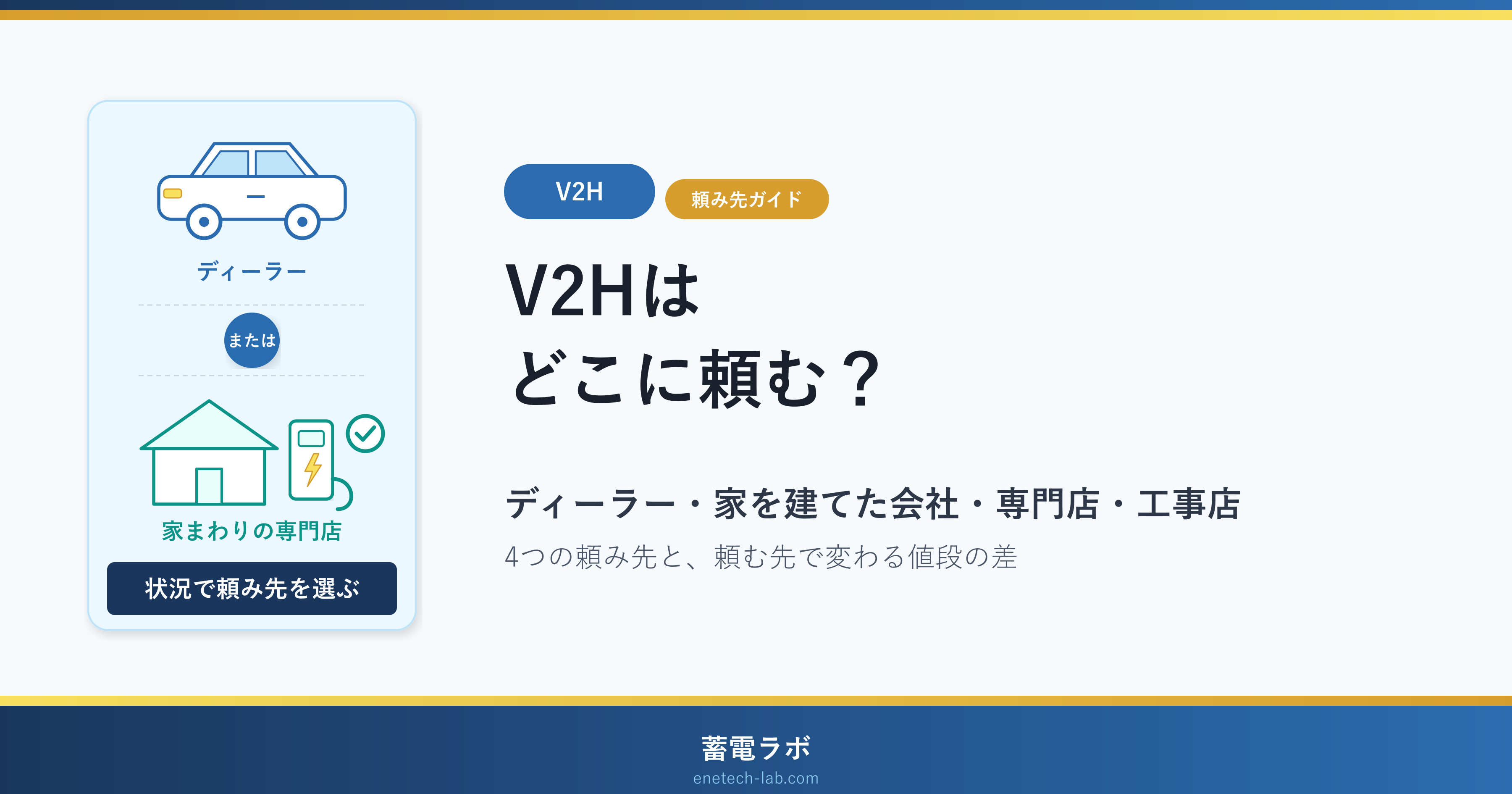 V2Hはどこに頼む?ディーラー・家を建てた会社・専門店・工事店(4つの頼み先と、頼む先で変わる値段の差)